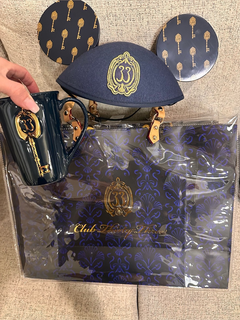 Club 33 gift bundle mug hat and bag!! Charms on purse included